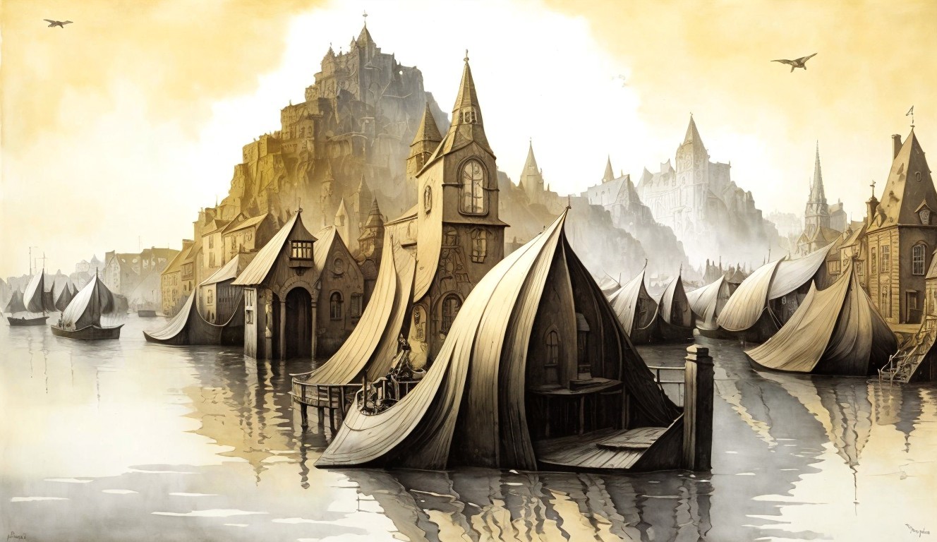 Whimsical Waterfront Scene with Tent-like Structures