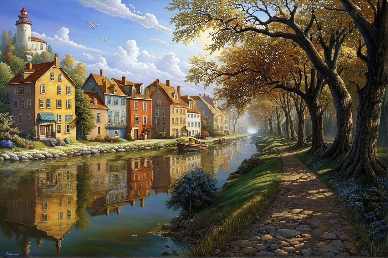 Charming Riverside Scene with Colorful Houses and Trees
