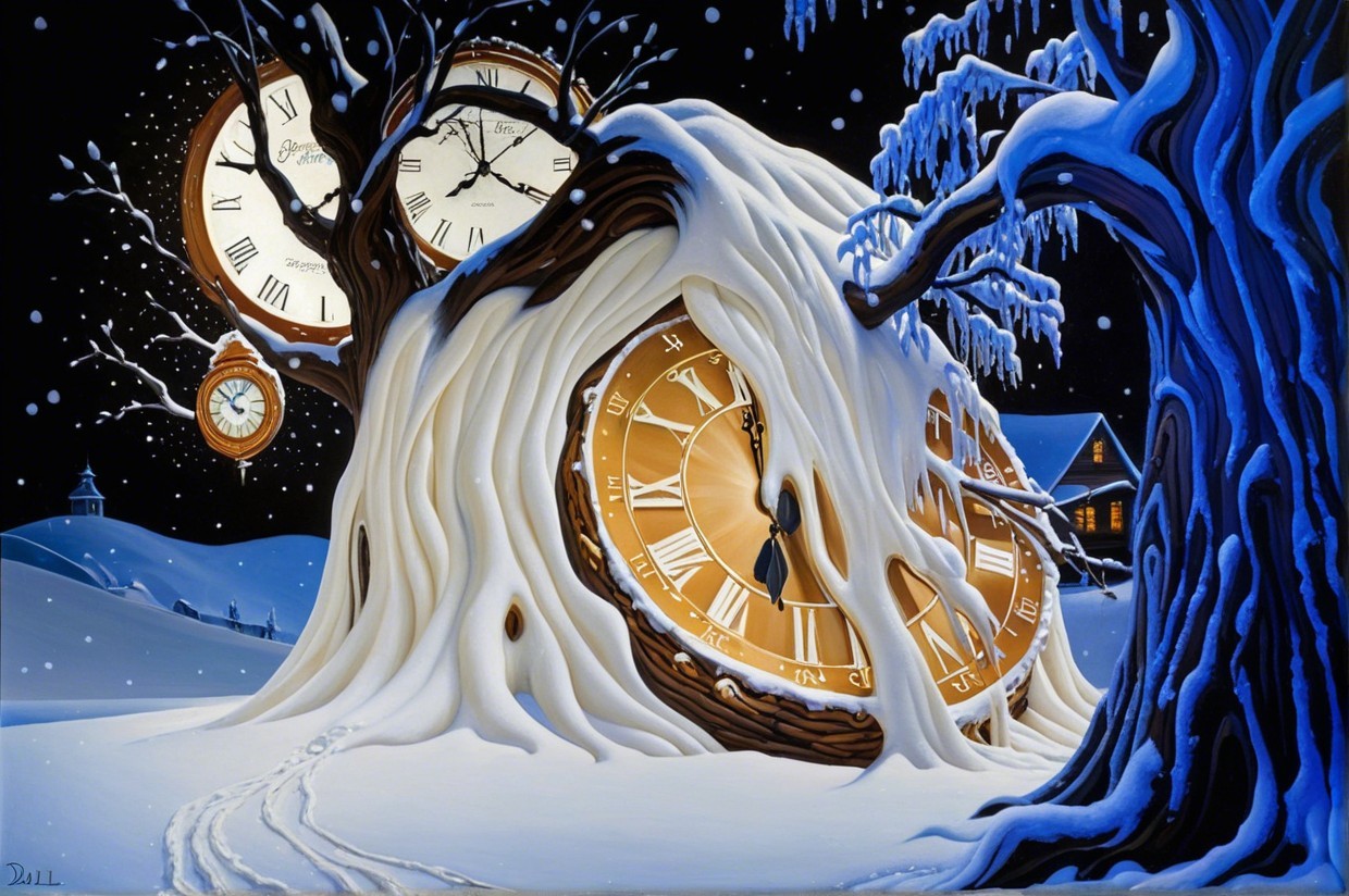 Whimsical Winter Scene with Clocks and Snowfall