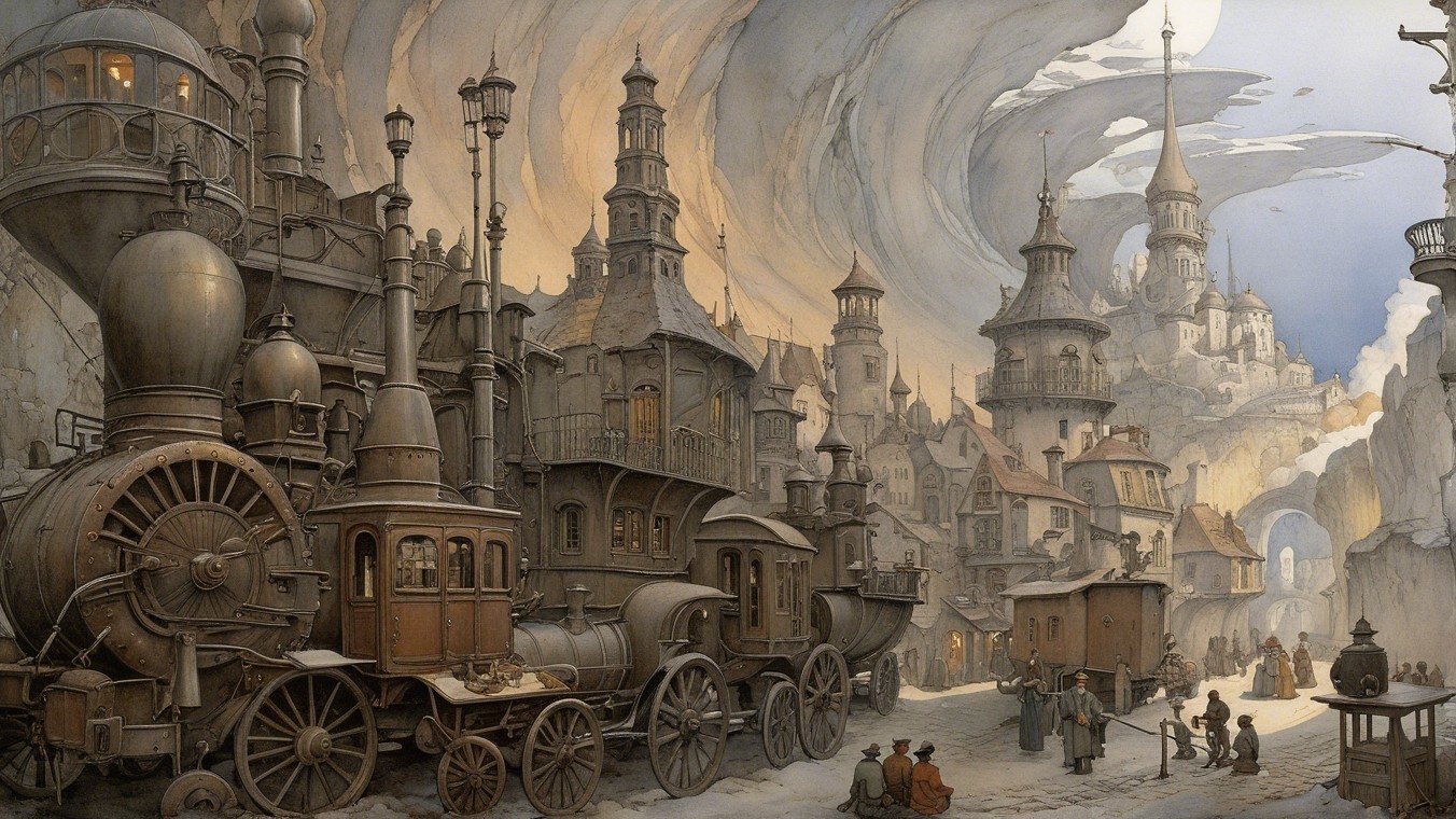Steampunk Cityscape with Vehicles and Whimsical Architecture