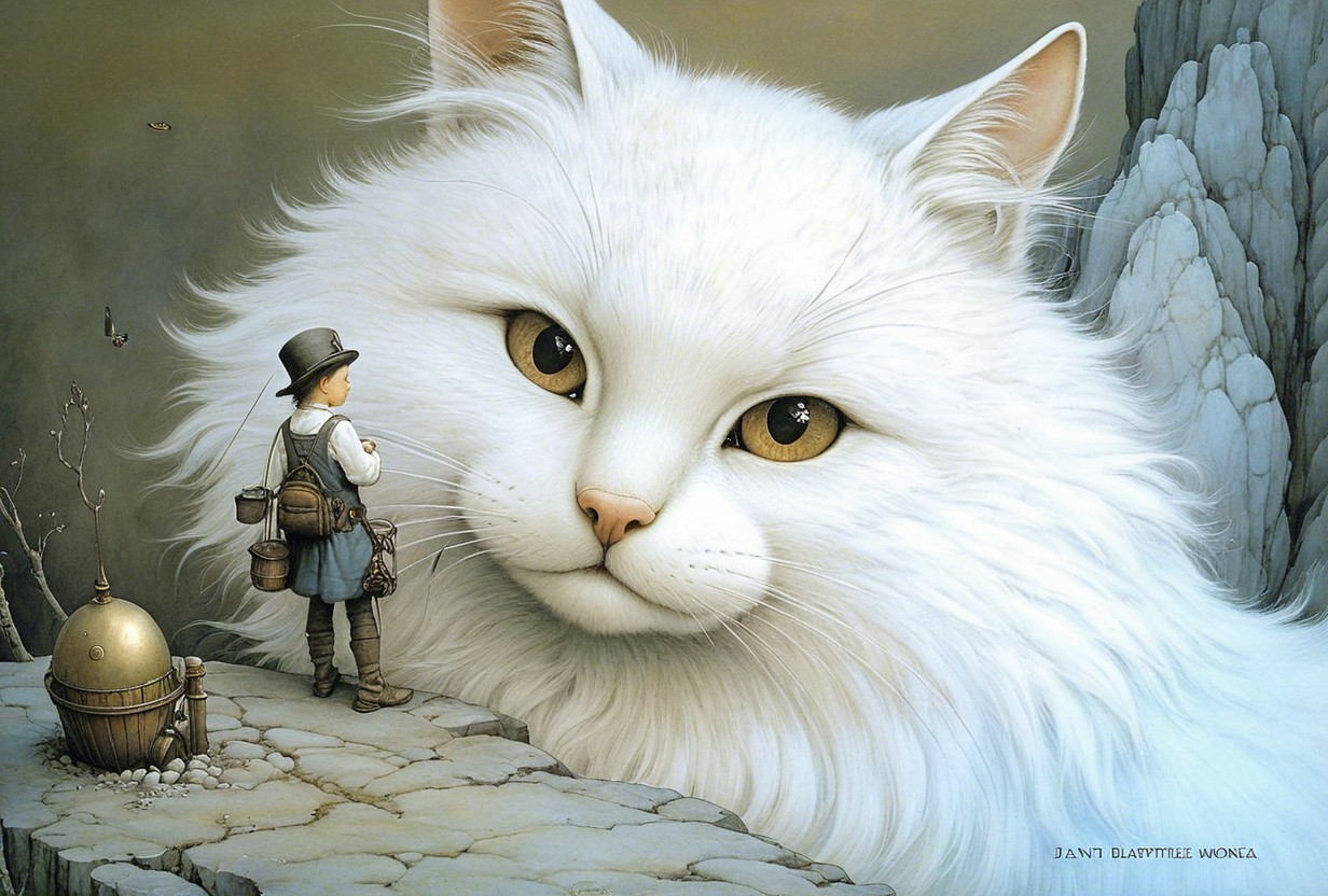 Enormous White Cat in Dreamlike Landscape Scene