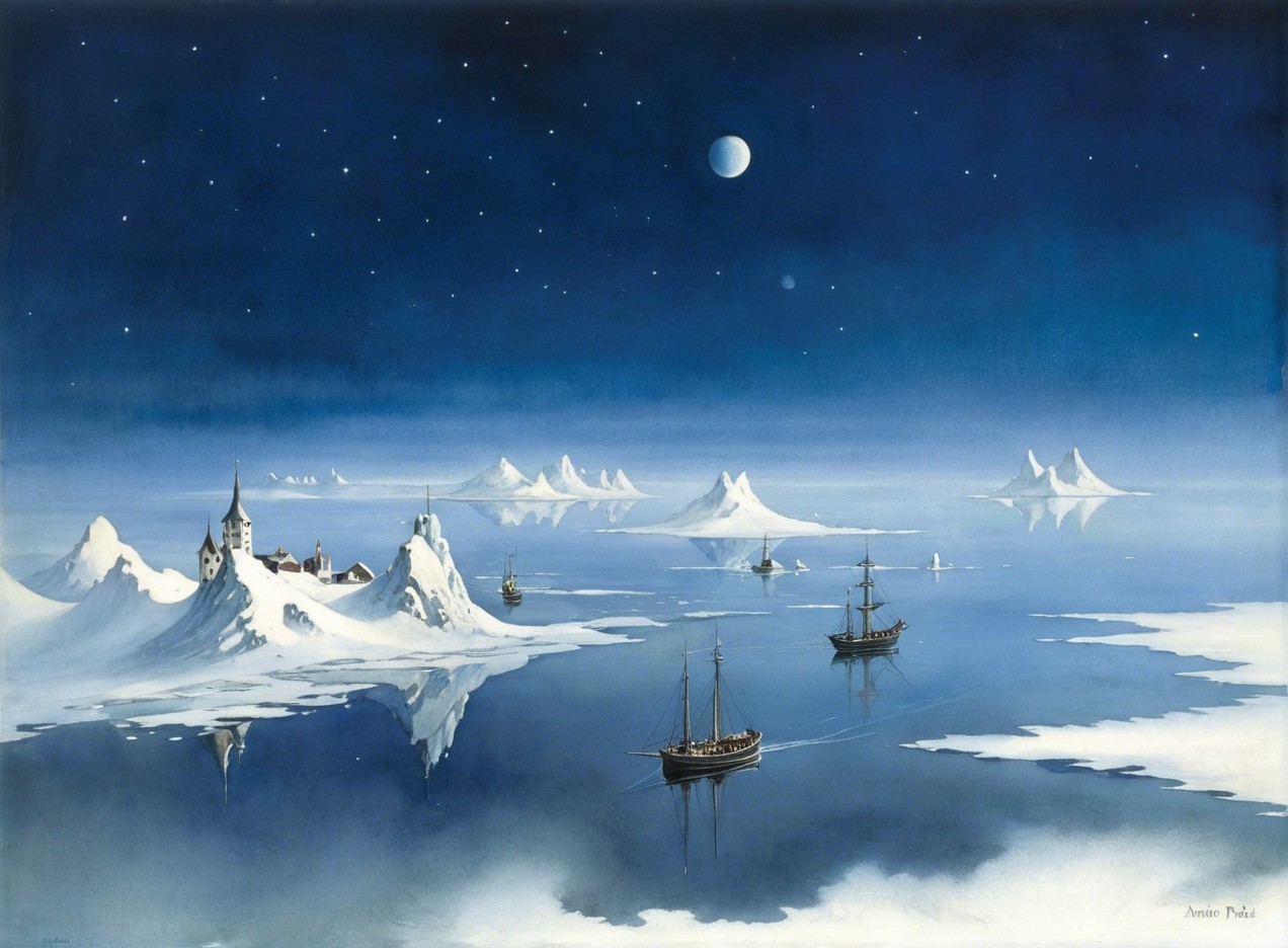 Winter Arctic Ocean Scene with Fantasy Settlement