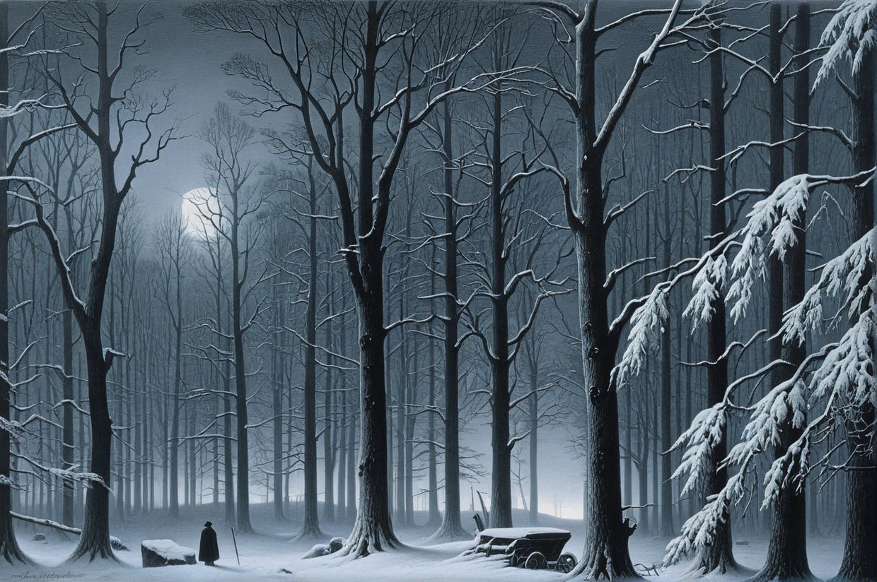 Moonlit Winter Forest with Snow and Cloaked Figure