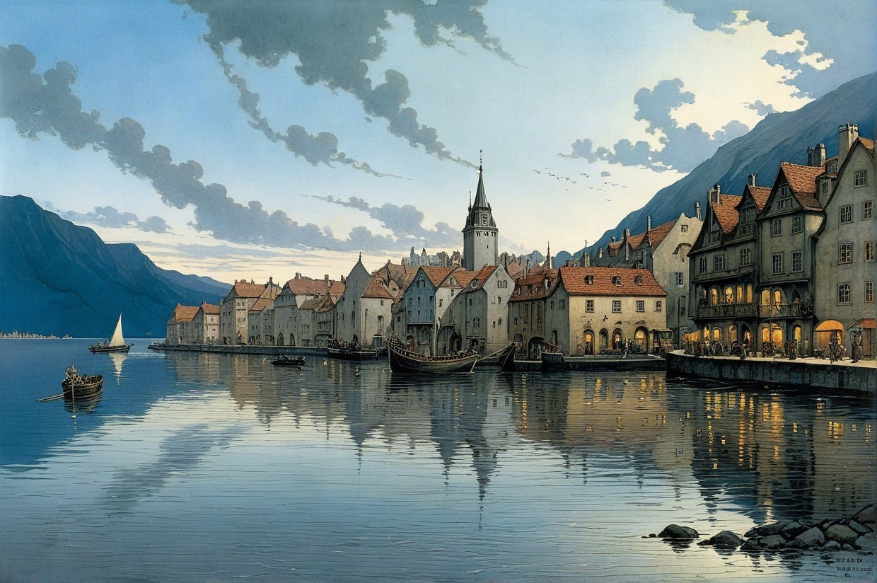 Serene Waterside Village with Charming Architecture