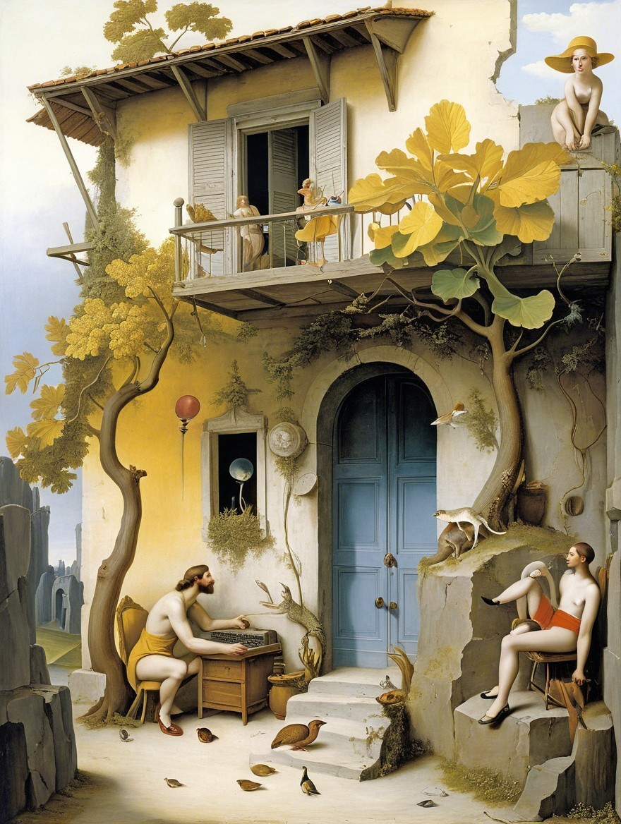 Serene courtyard scene with music and autumn foliage