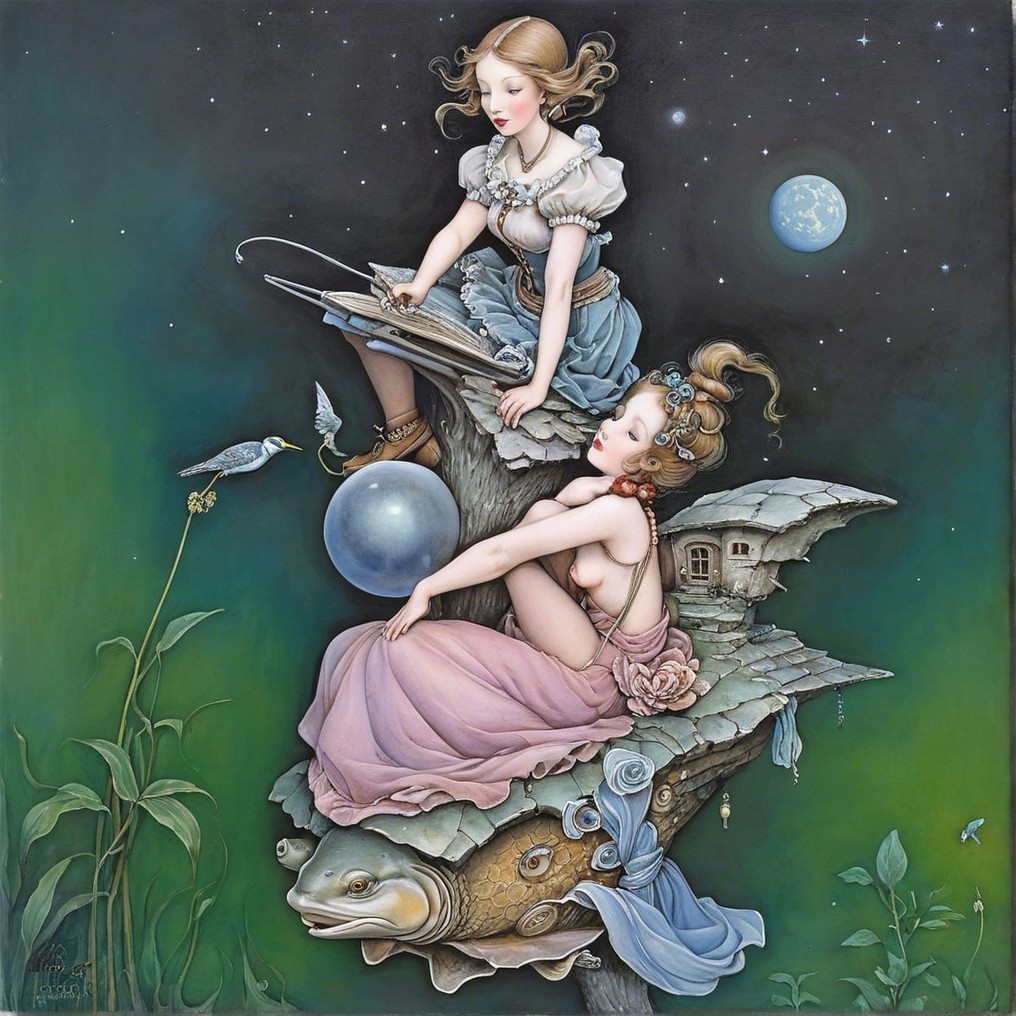 Ethereal Figures on a Whimsical Fish Under Stars
