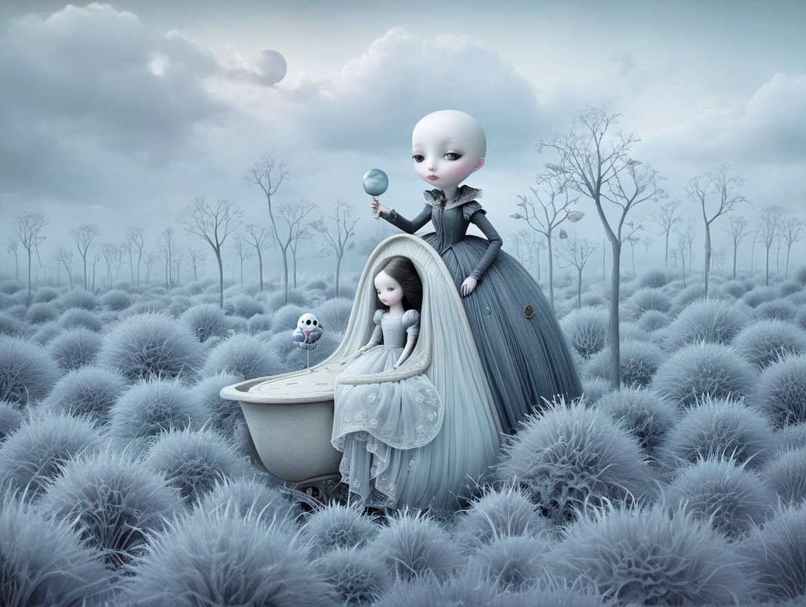Ethereal Figures in a Frost-Colored Landscape Scene
