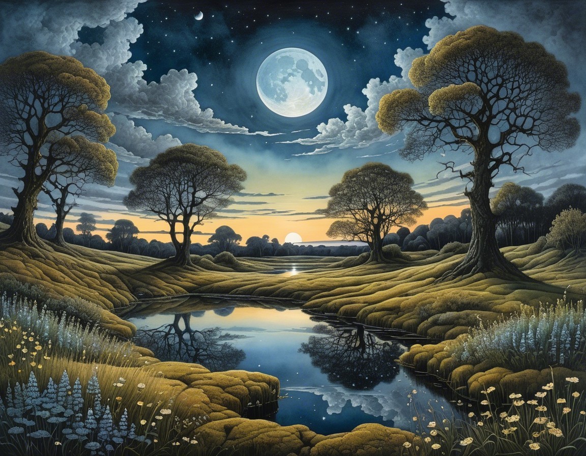 Serene Nighttime Landscape with Full Moon and Pond