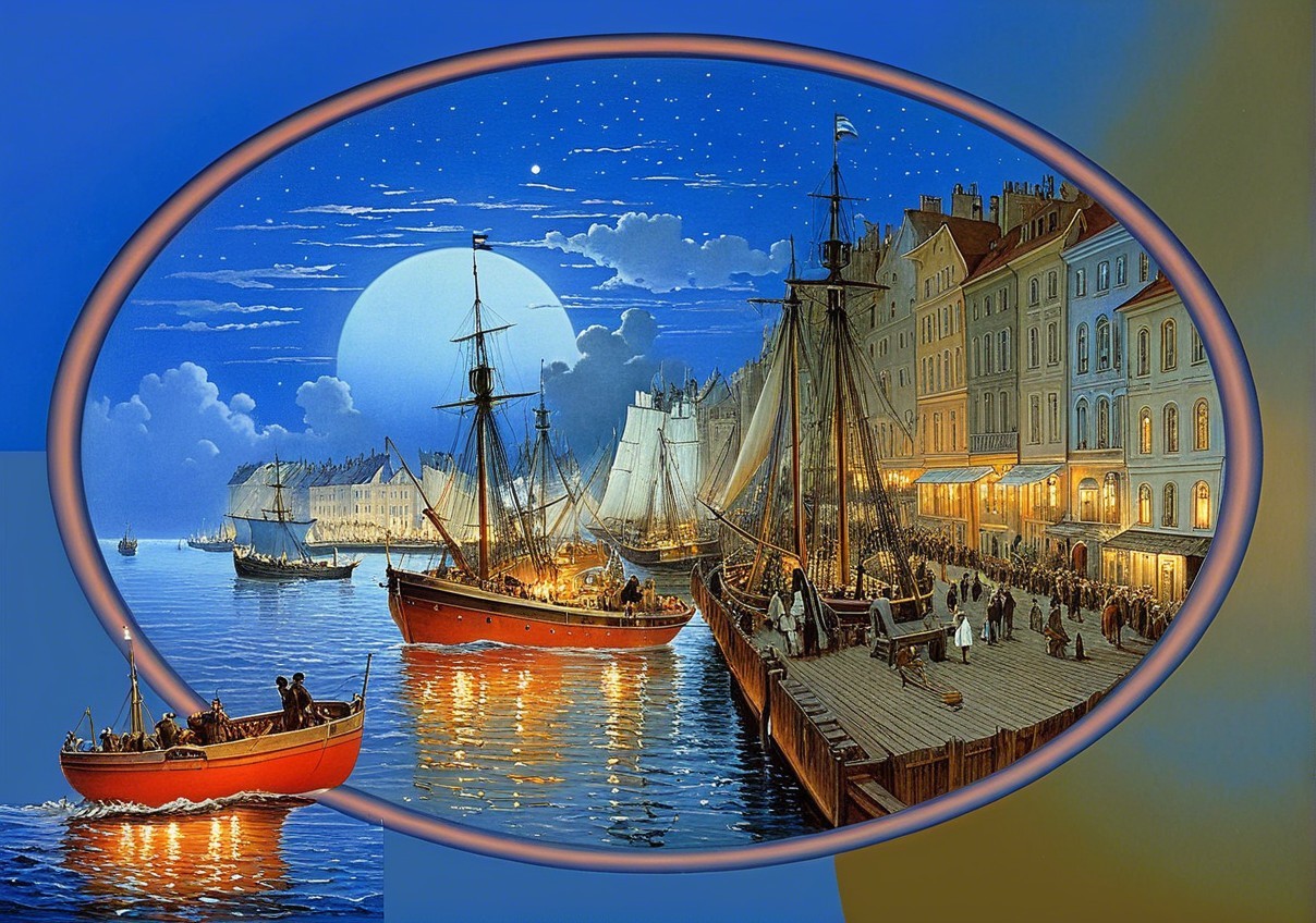 Bustling Night Harbor with Traditional Ships and Lights