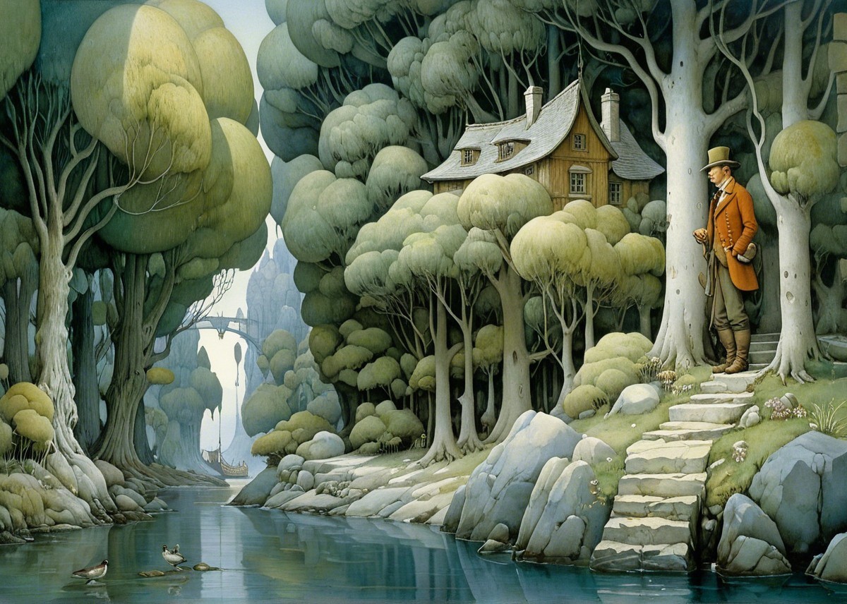 Tranquil Forest Scene with River and Wooden House