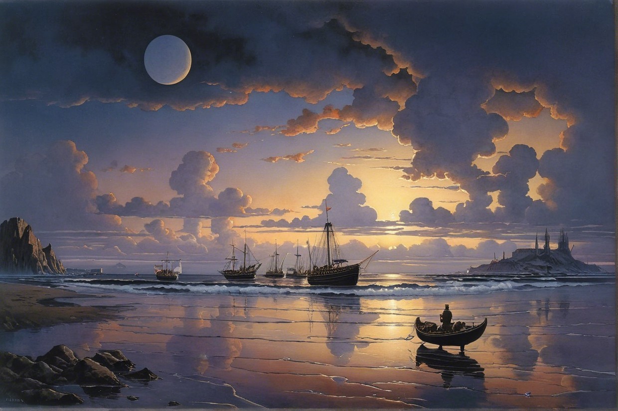 Twilight Sea Scene with Moon and Anchored Ships