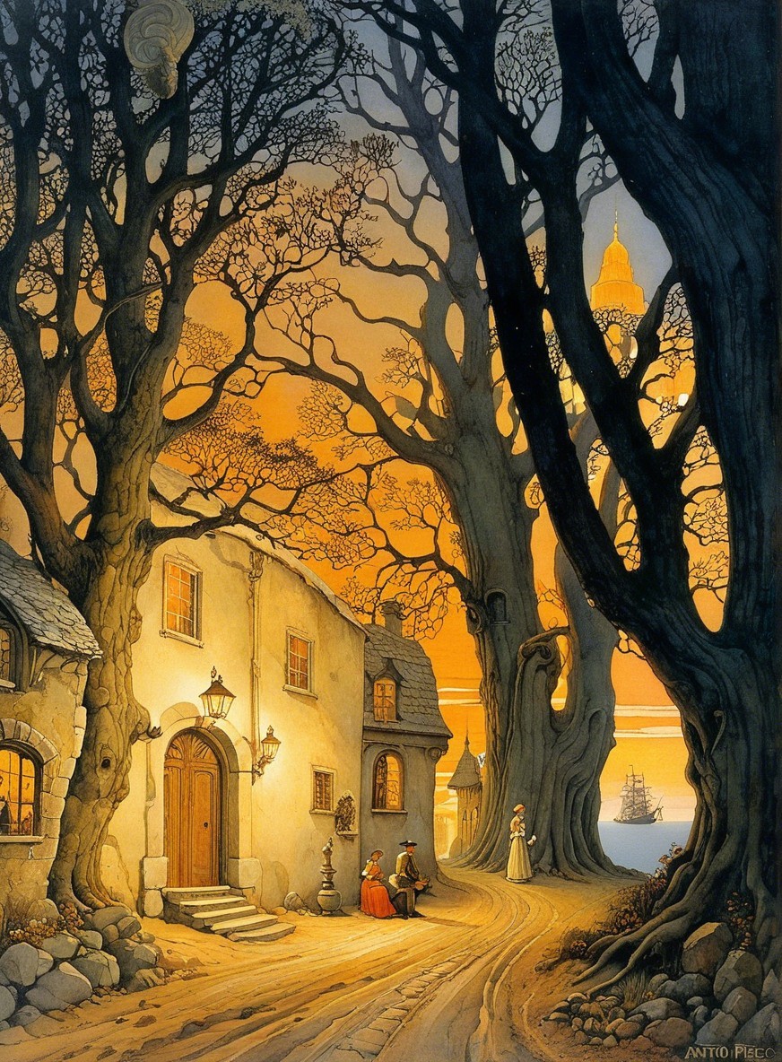 Twilight Scene with Cottage and Cobblestone Pathway