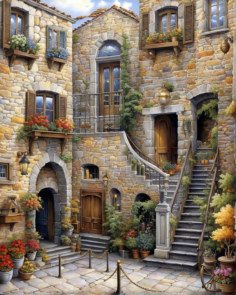 Charming Stone Courtyard with Vibrant Flowers and Lanterns