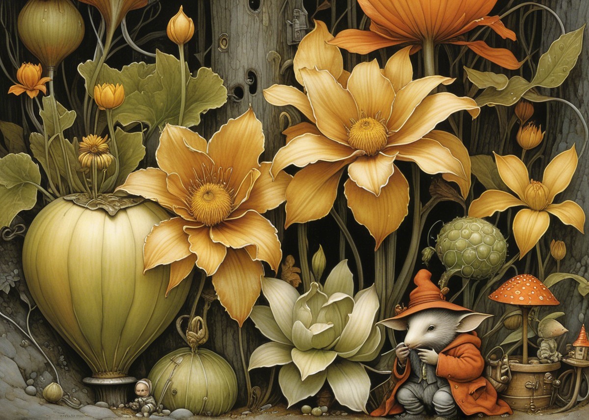 Whimsical Garden with Creature and Oversized Flowers