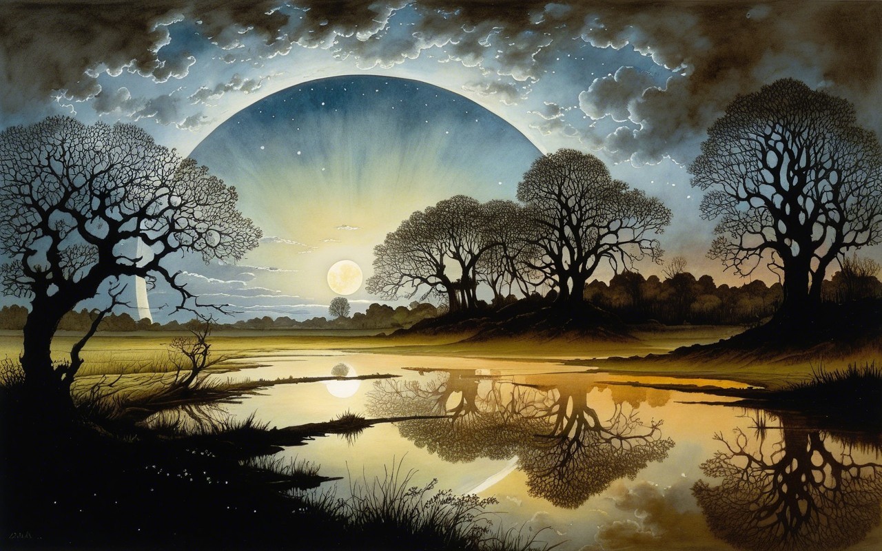 Twilight Landscape with River and Luminous Moon