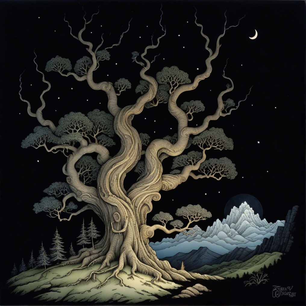 Majestic Tree Under Starry Sky with Mountains and Moon