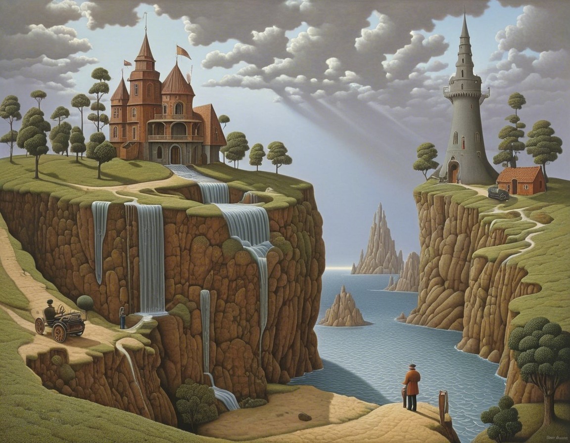 Surreal Landscape with Cliffs, Castle, and Lighthouse