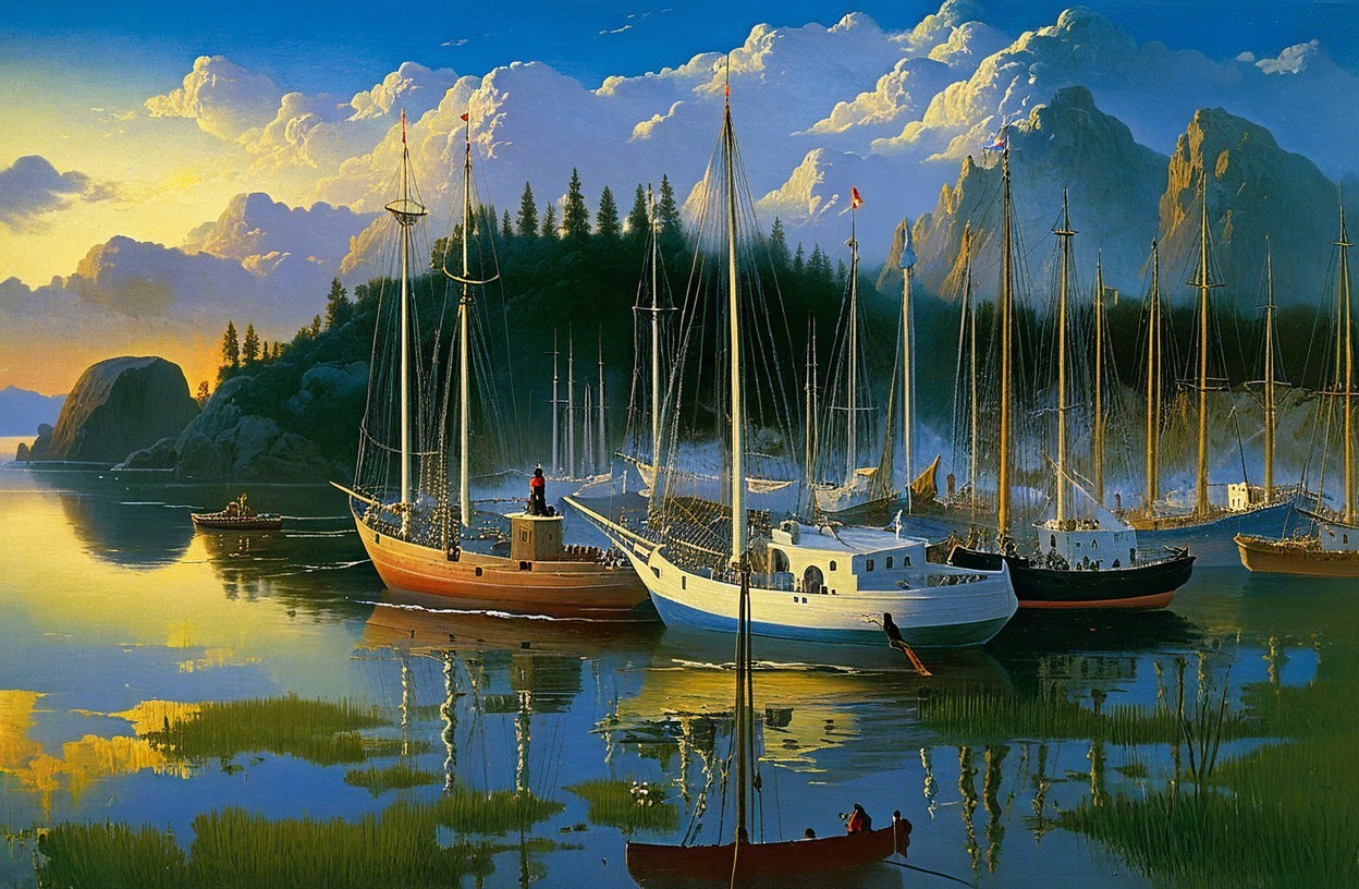Serene Harbor Scene with Sailboats at Sunset