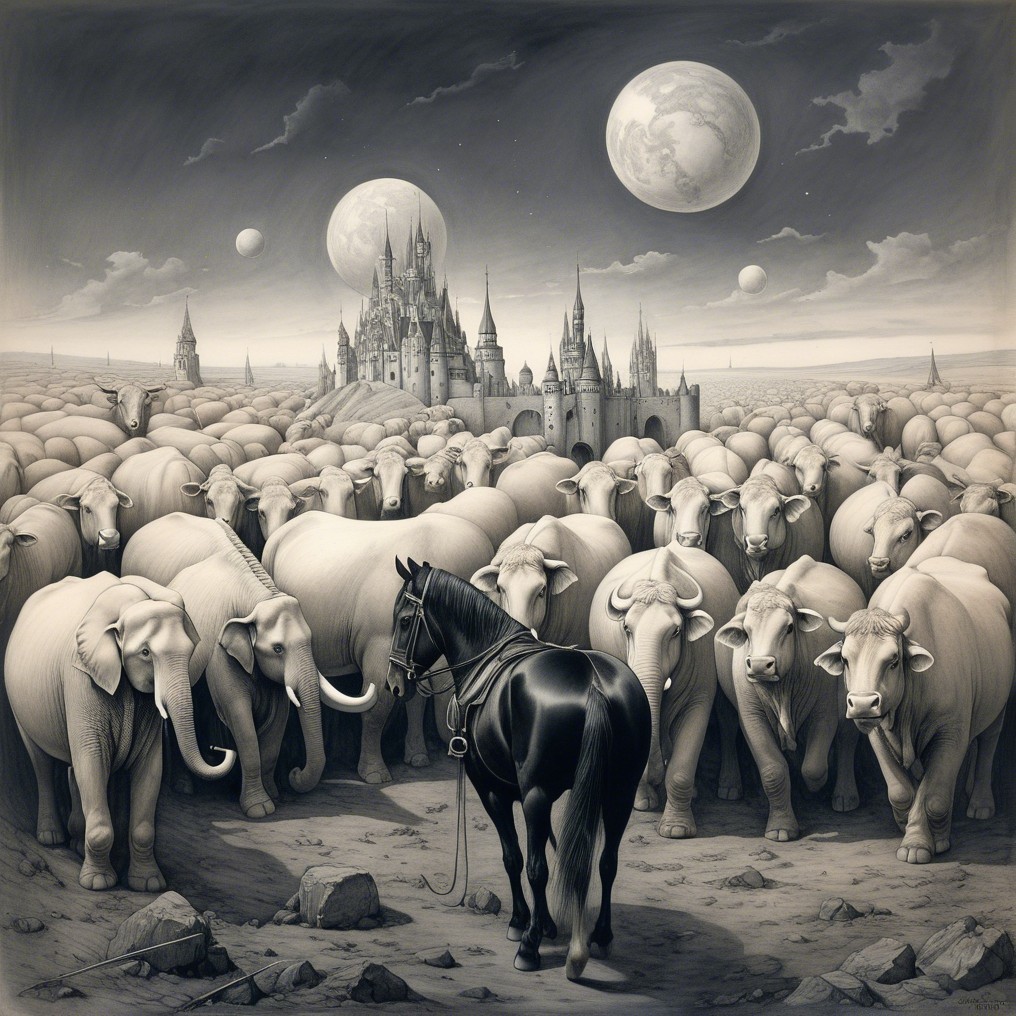 Surreal Landscape with Black Horse and White Animals