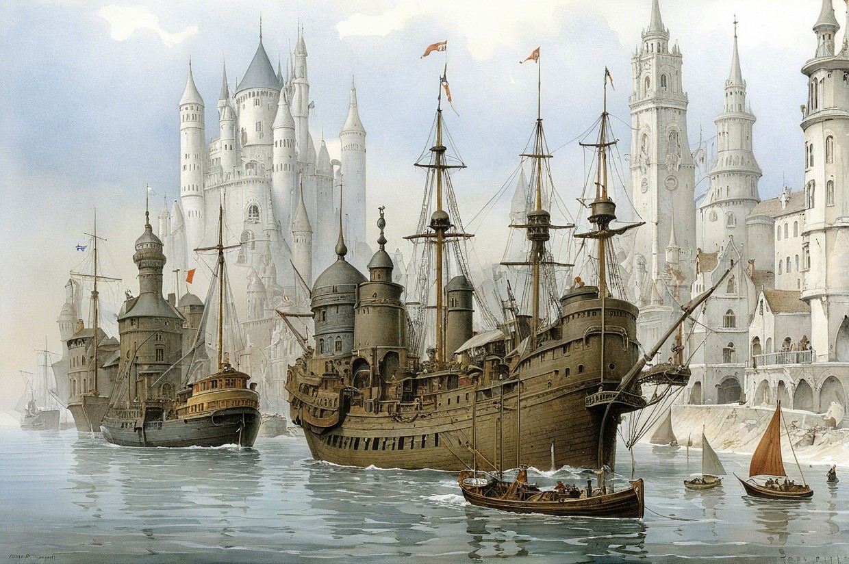 Serene Harbor Scene with Ships and Medieval Castle