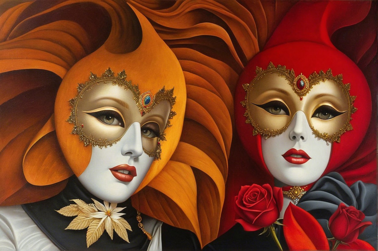 Masked Figures with Elegant Headdresses and Intricate Details