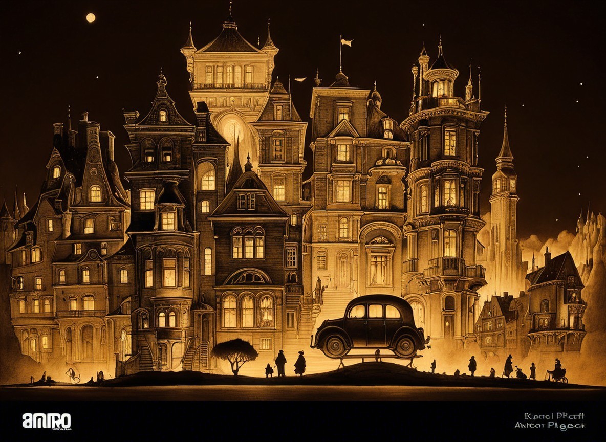 Whimsical cityscape with vintage buildings and classic car