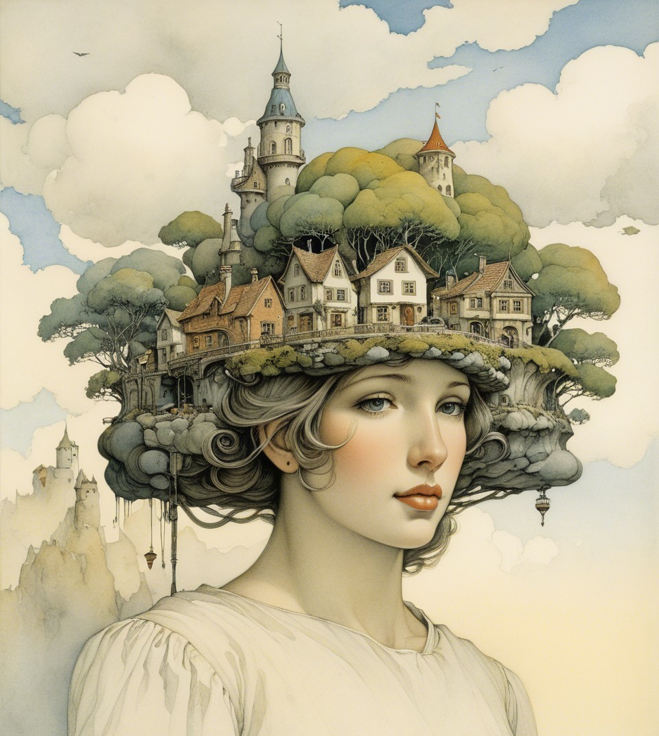 Ethereal Woman with Whimsical Landscape Hairstyle