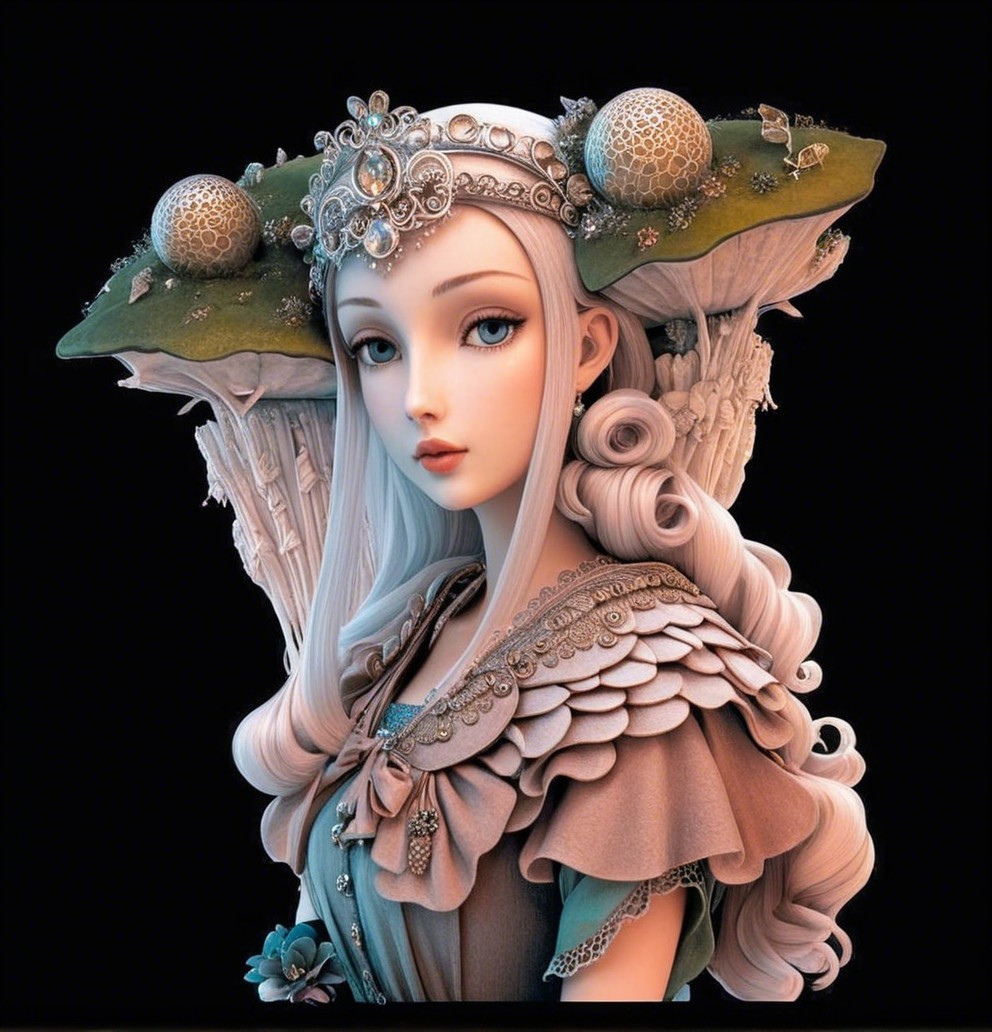 Fantasy Figure with White Hair and Floral Gown
