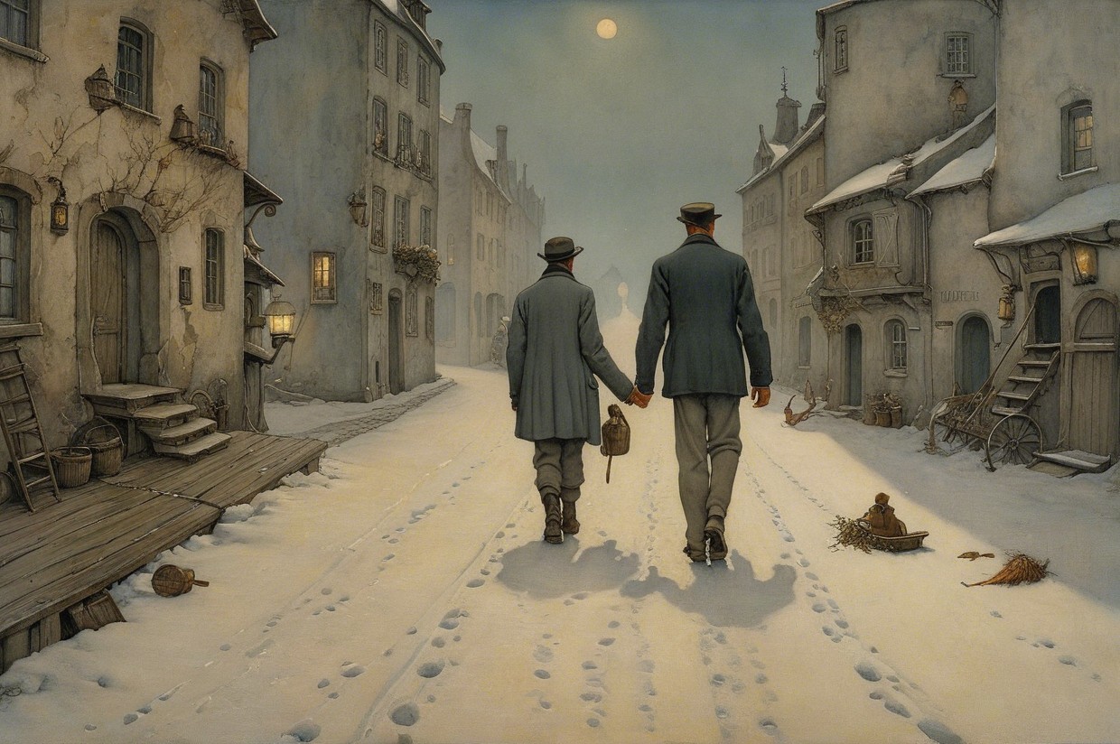 Snowy Town Stroll with Lanterns and Historic Buildings