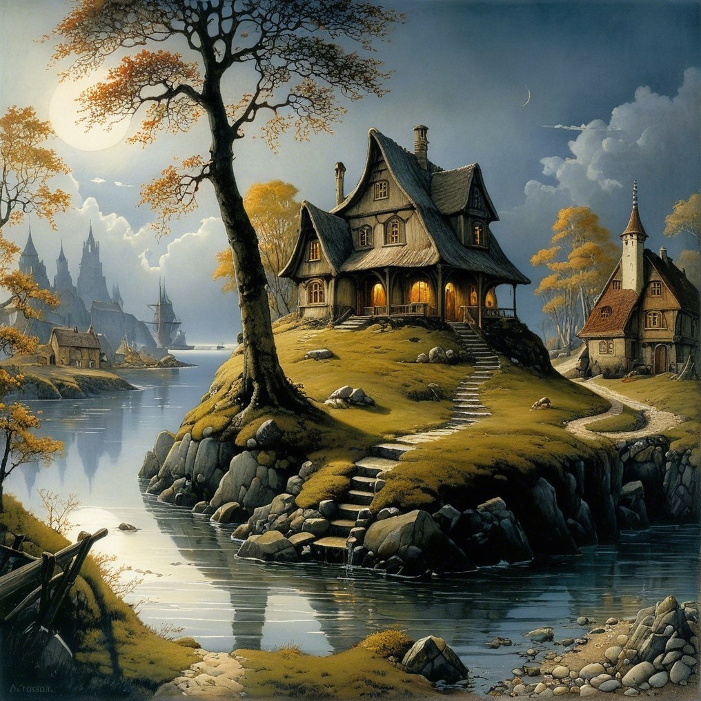 Serene Landscape with House by Calm River at Night
