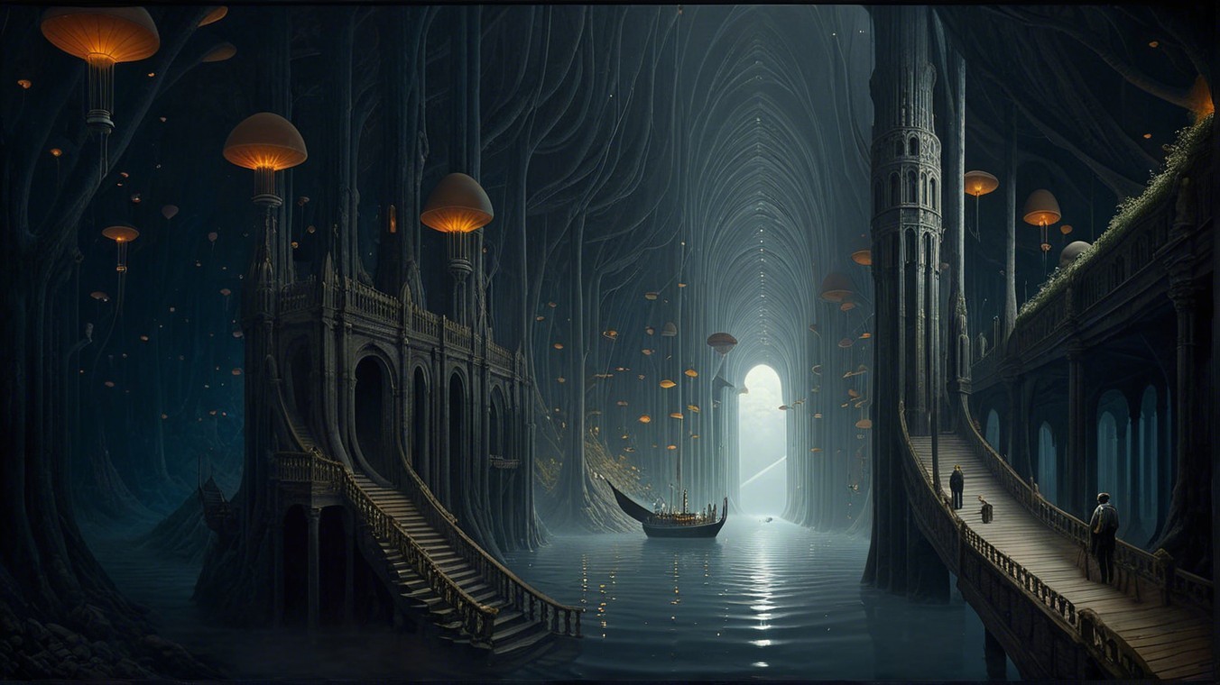 Mystical Underground Cavern with Ethereal Light Features