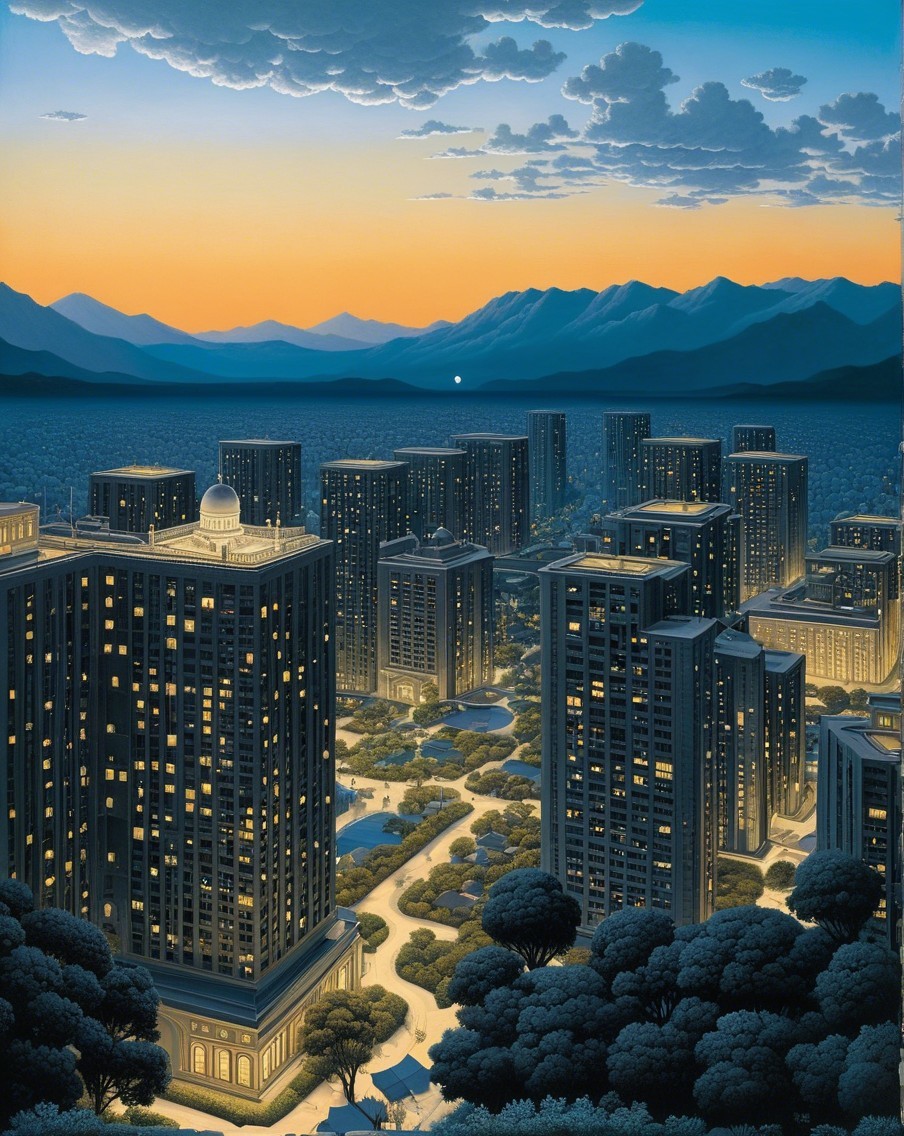 Twilight Cityscape with Mountains and Warm Lights
