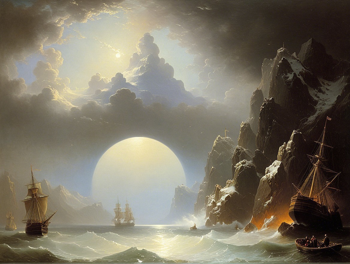 Dramatic Seascape with Cliffs and Luminous Moon