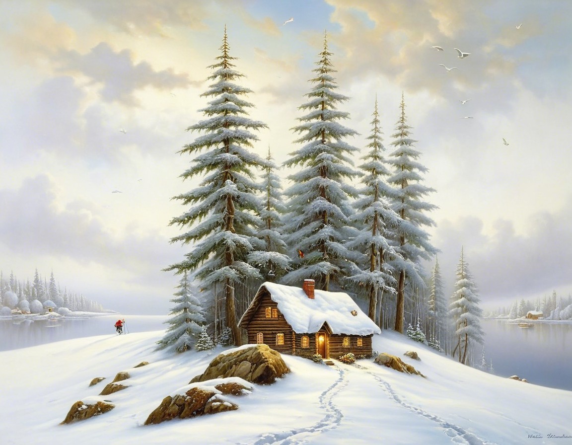 Cozy Wooden Cabin in a Snowy Evergreen Landscape
