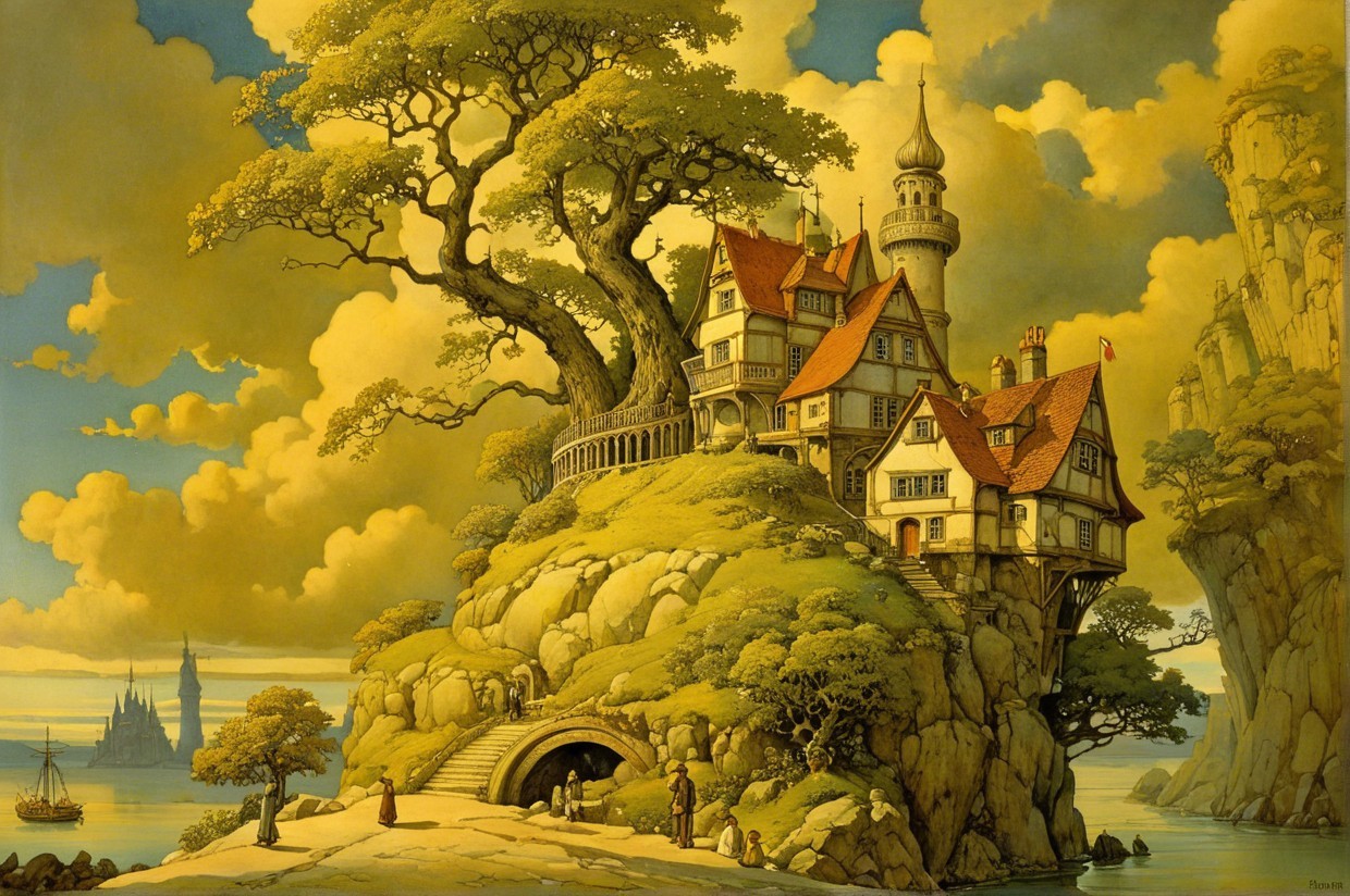 Whimsical Castle on Rocky Outcrop with Serene Waters