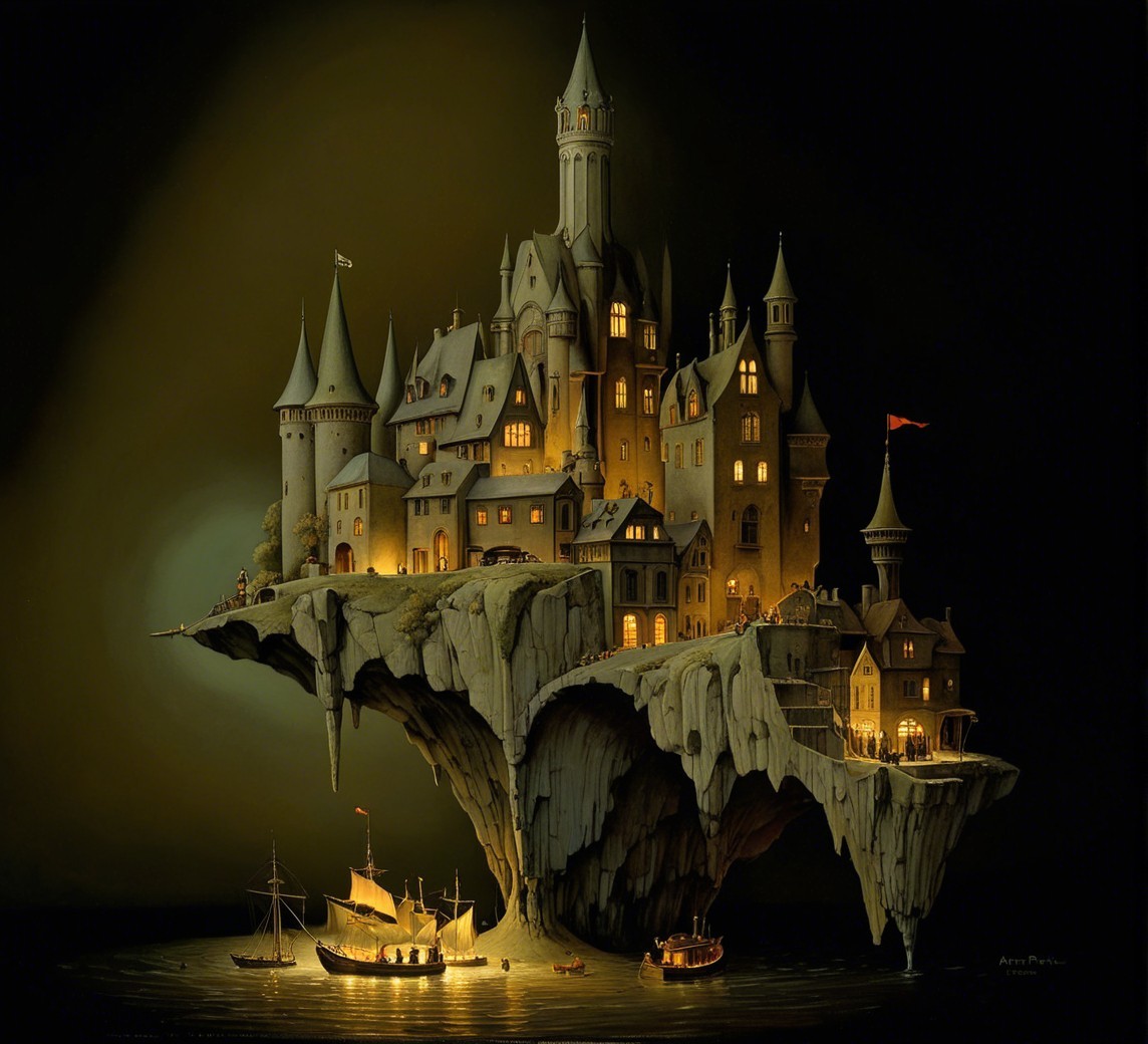 Whimsical Castle City on Cliffs Above Dark Waters