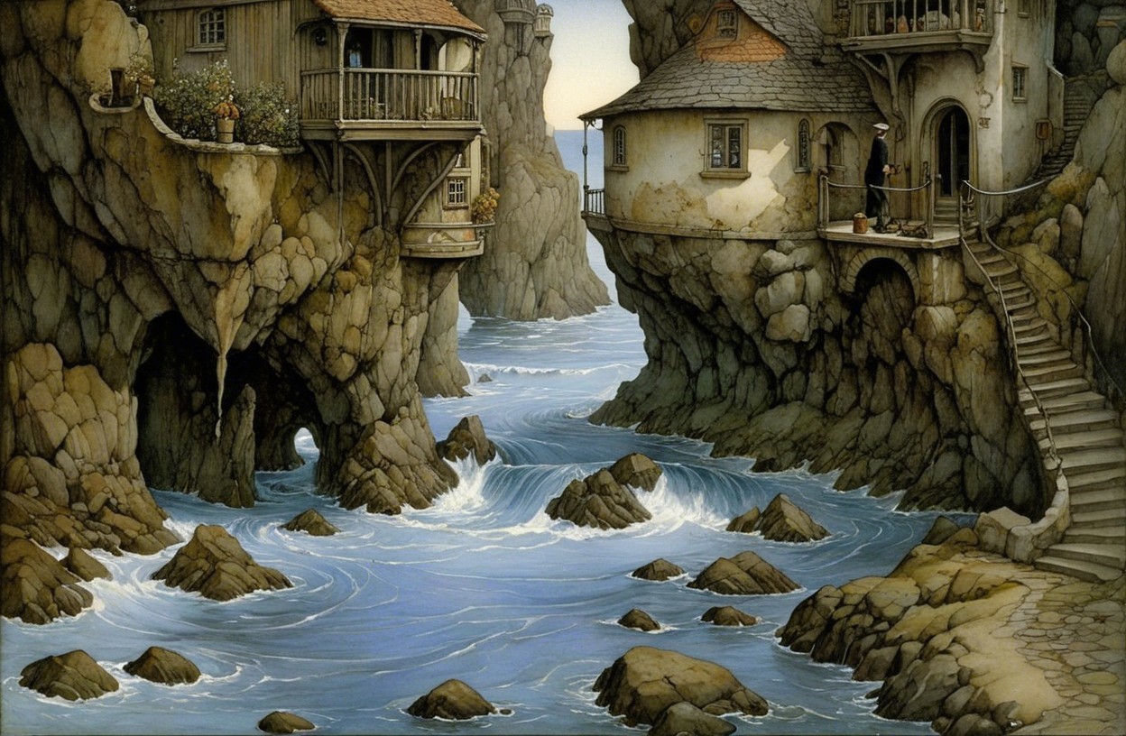 Charming Coastal Houses on Rocky Cliffs with Waves