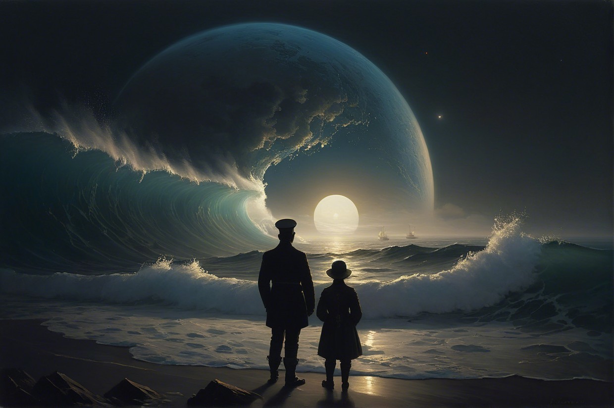 Surreal Landscape with Wave, Figures, and Planetary Sky