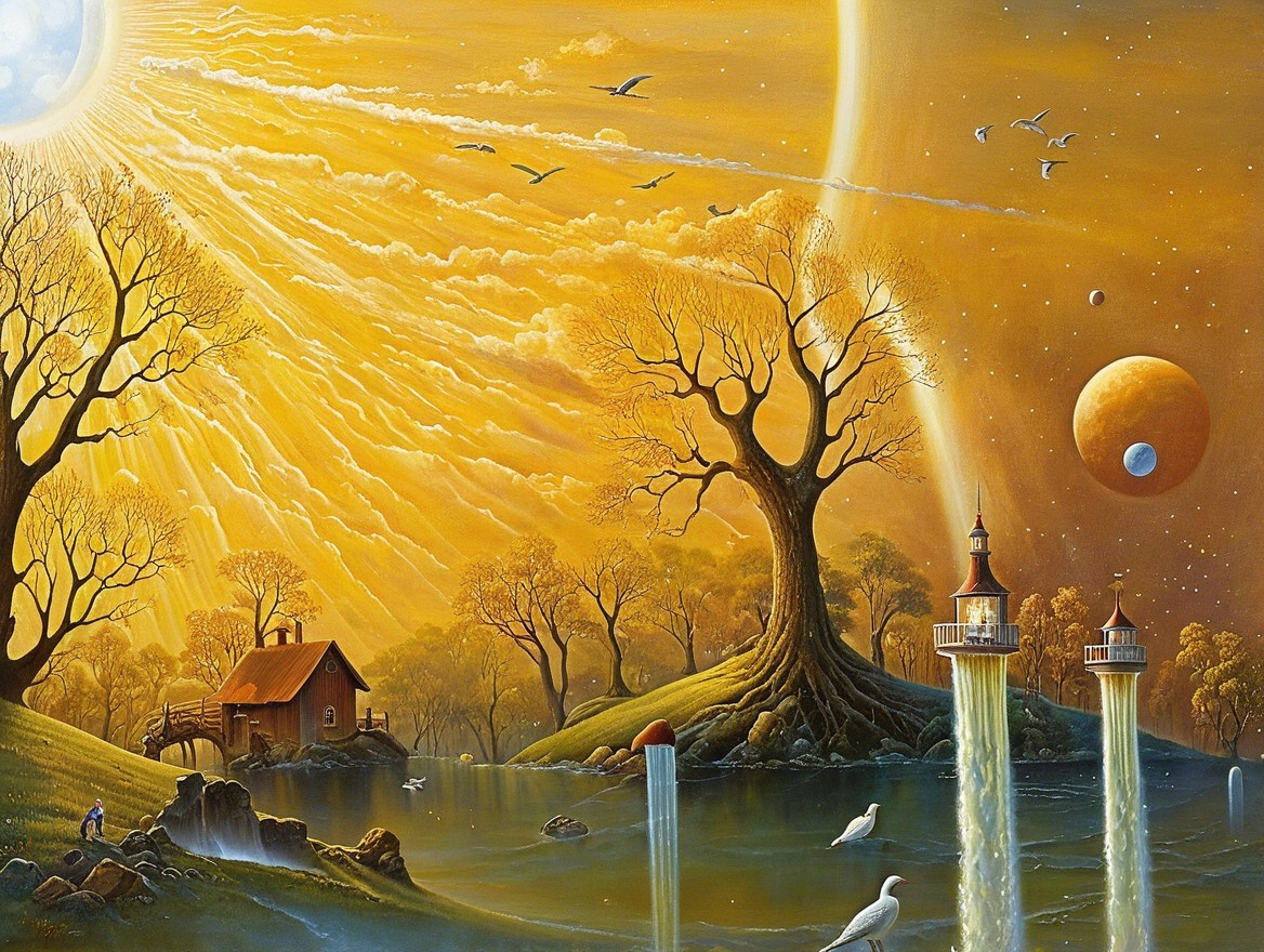Surreal Landscape with Sunset, Lighthouses, and Lake