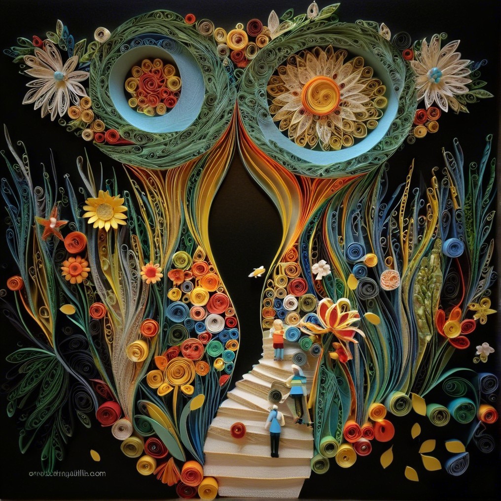 Vibrant Quilled Artwork of Stylized Owls and Flowers