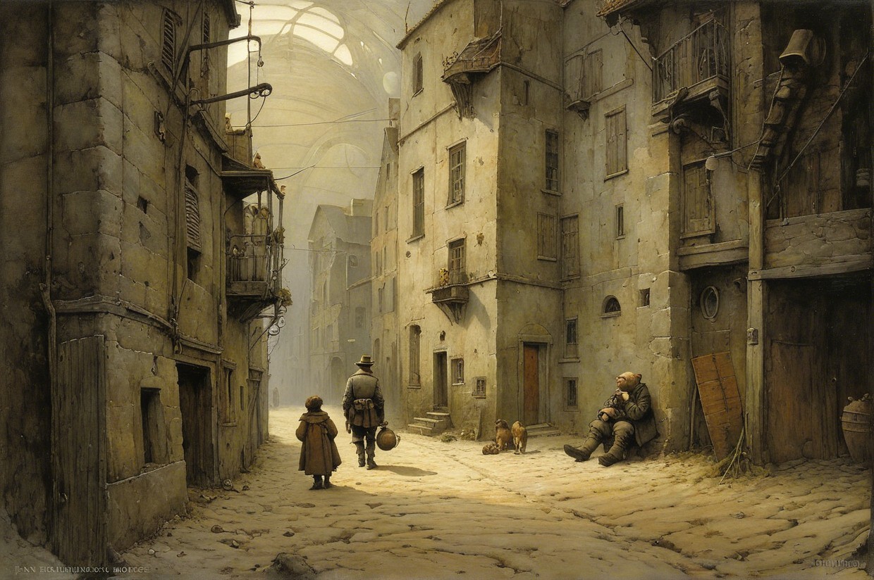 Narrow Cobblestone Street in Quaint Old Town Scene
