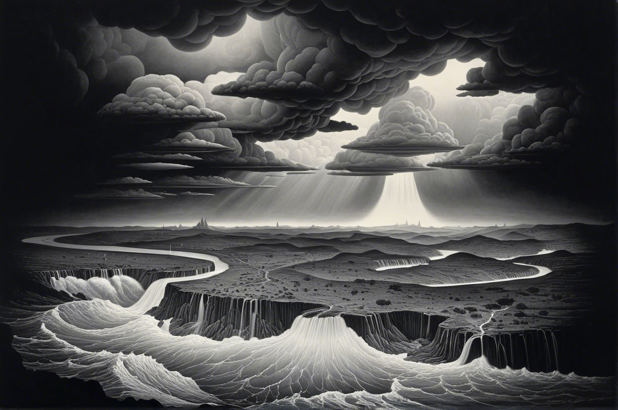 Monochrome Landscape with Rivers and Canyons