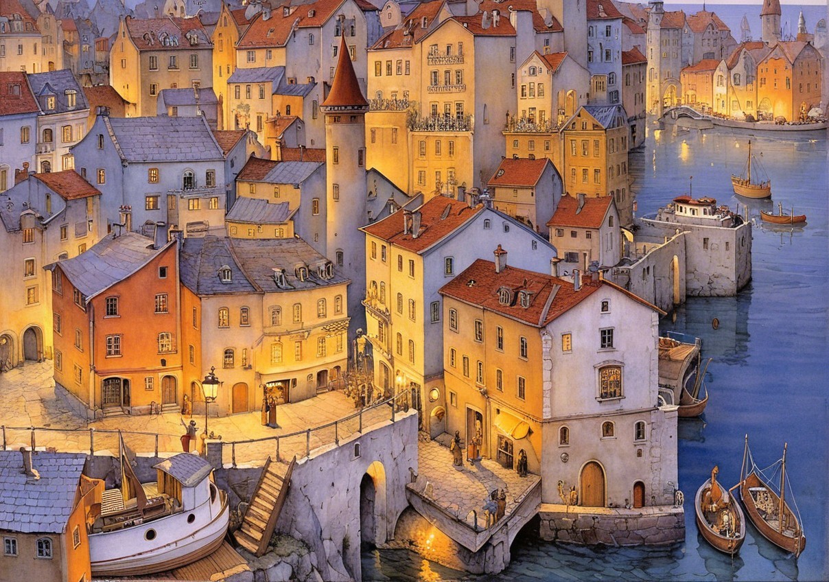 Charming Harbor Town at Twilight with Pastel Buildings