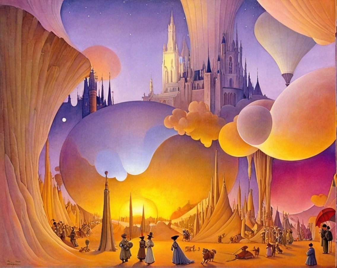 Dreamy Landscape with Balloons and Majestic Castle
