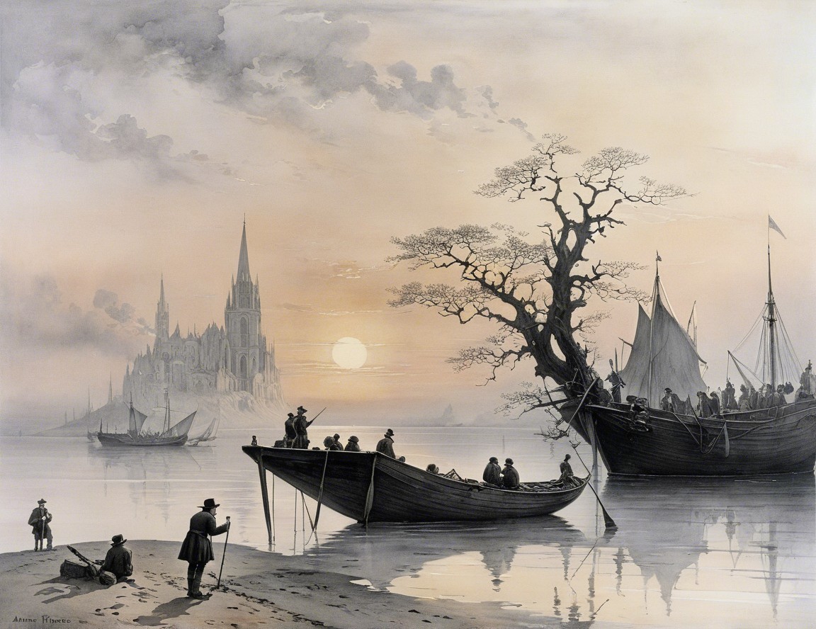 Serene River Scene at Sunset with Silhouetted Boats