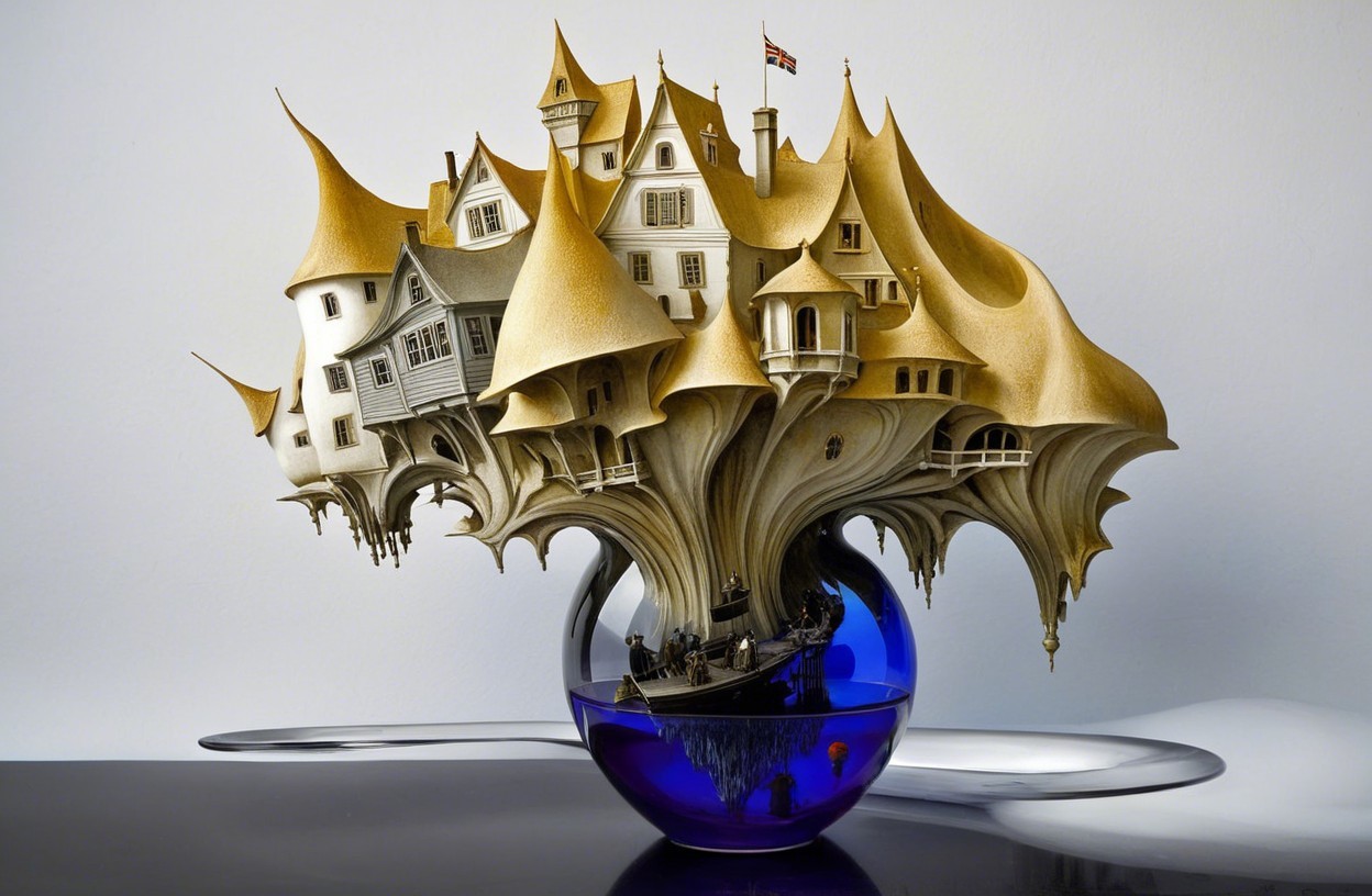 Surreal Sculpture of Whimsical Houses on Blue Orb