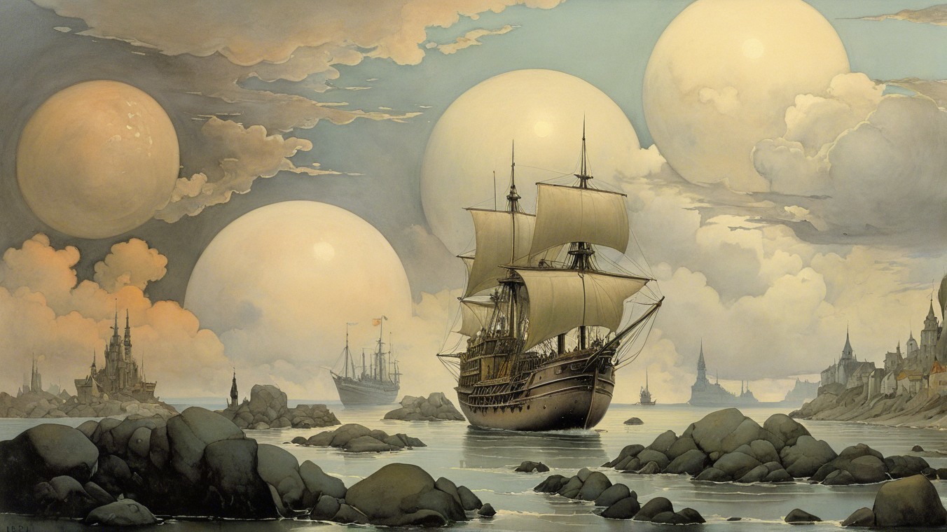 Serene Seascape with Majestic Ship and Dreamlike Elements