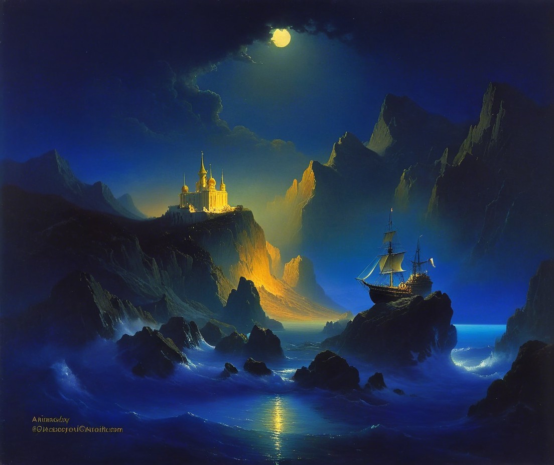 Mystical Castle and Ship Under Radiant Moonlight