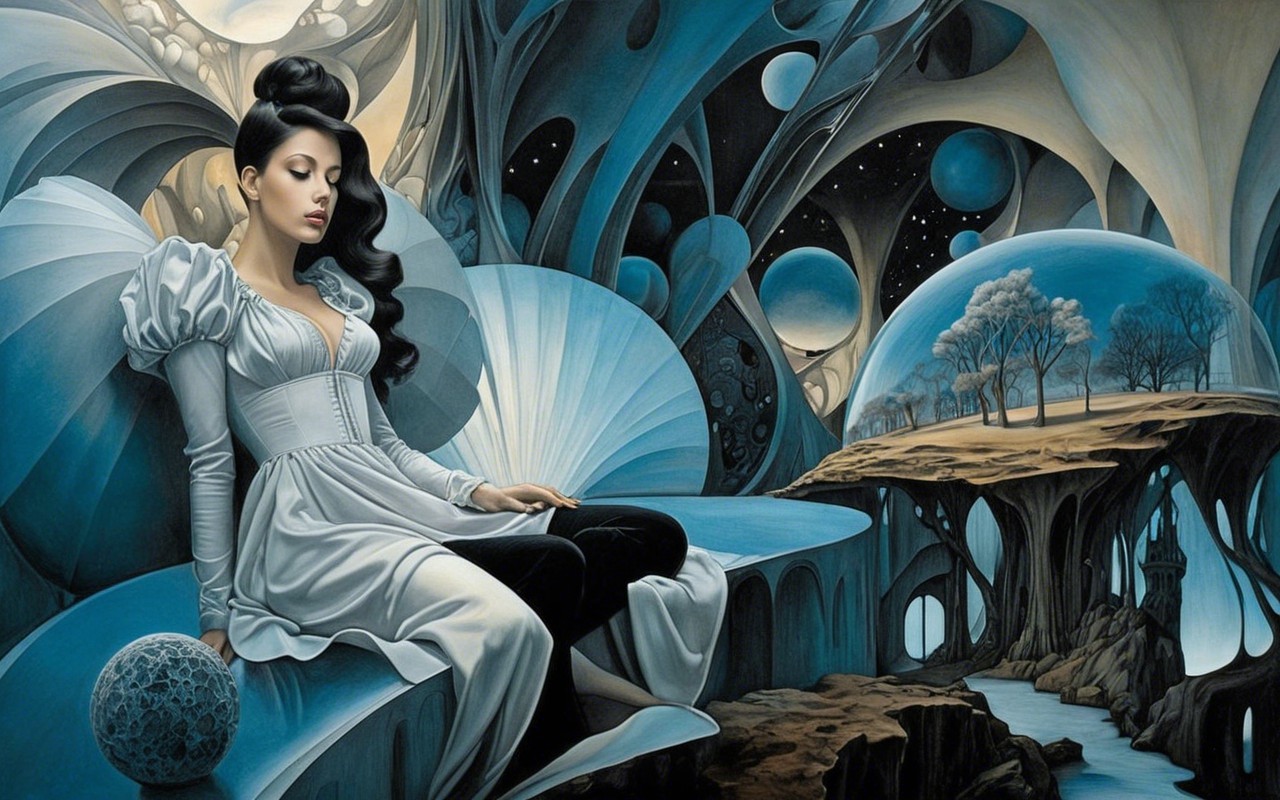 Serene Woman in White Gown Amidst Dreamlike Landscape