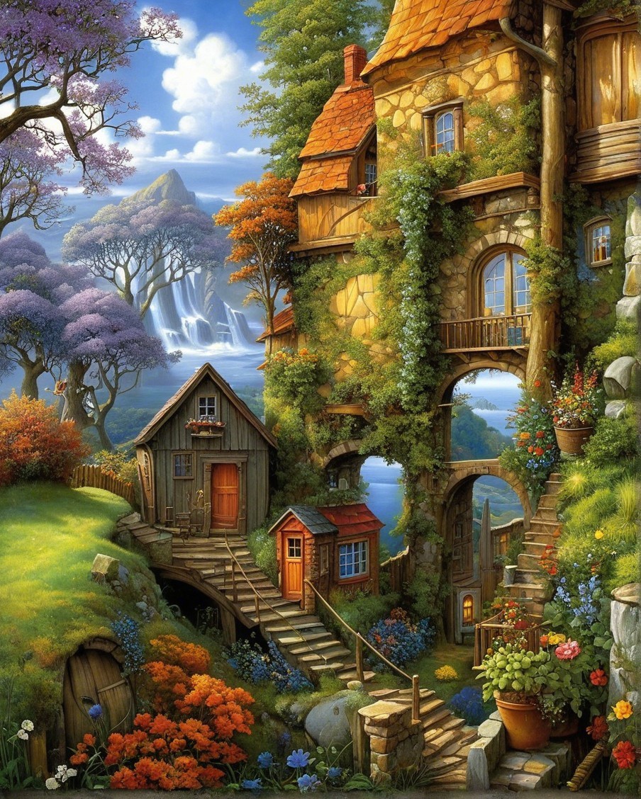 Whimsical Landscape with Stone Cottage and Waterfalls